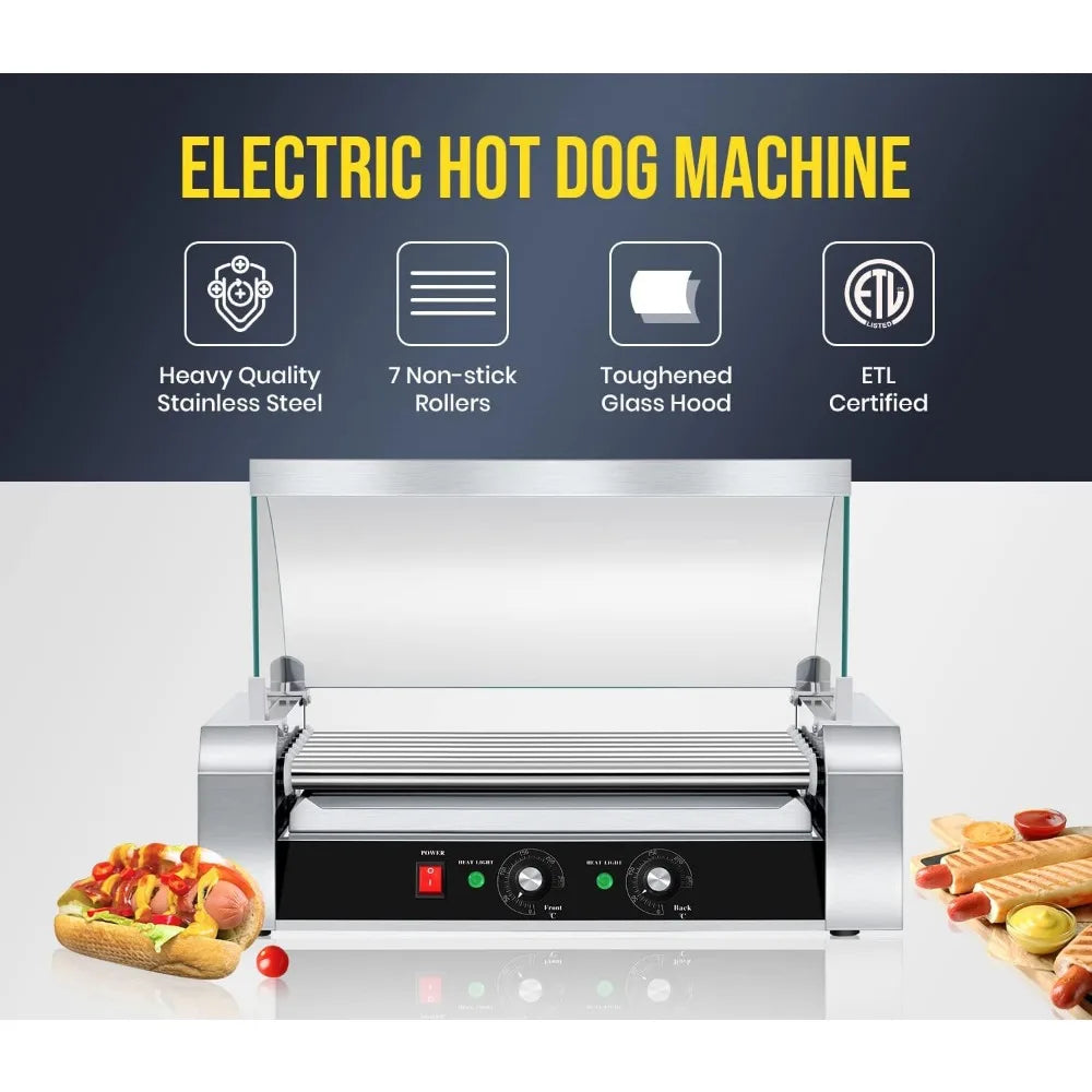 18 Hot Dog 7-Roller Grill Cooker Machine w/Glass Hood Cover